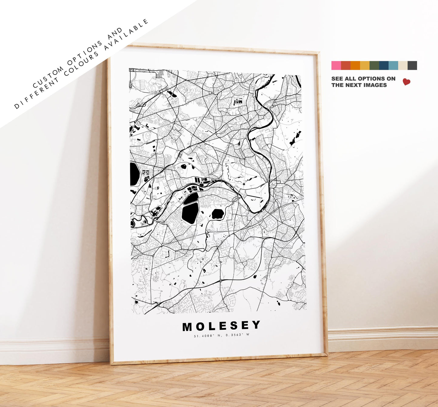 Molesey Map Print - Minimalist City Map Poster - Map Art - UK - Molesey Print - Molesey, Surrey - Different Colours Available