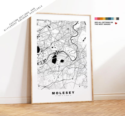 Molesey Map Print - Minimalist City Map Poster - Map Art - UK - Molesey Print - Molesey, Surrey - Different Colours Available