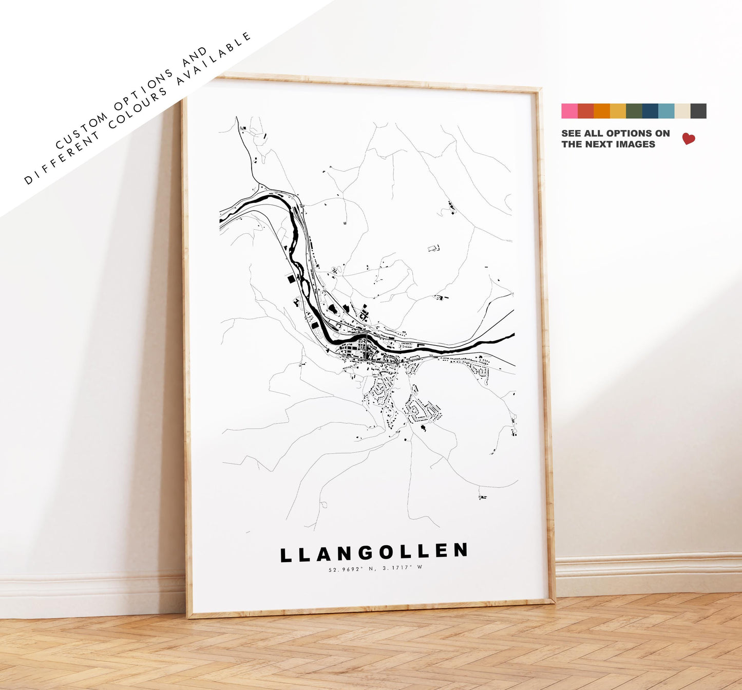 Llangollen Map Print - Minimalist City Map Poster - Map Art - Wales - UK - Llangollen Print - Llangollen Poster - Different Colours Available