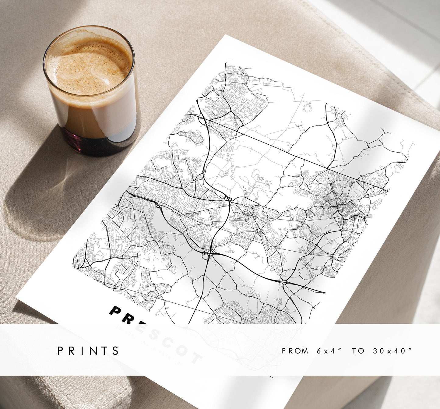 Prescot Map Print - Minimalist City Map Poster - Map Art - UK - Prescot Print - Prescot, Merseyside - Different Colours Available