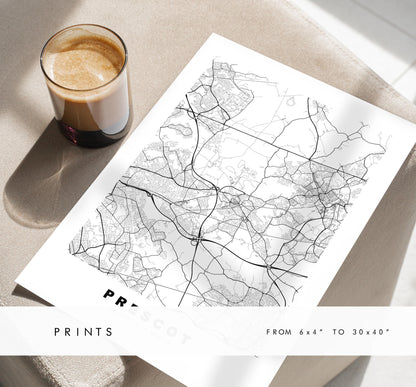 Prescot Map Print - Minimalist City Map Poster - Map Art - UK - Prescot Print - Prescot, Merseyside - Different Colours Available