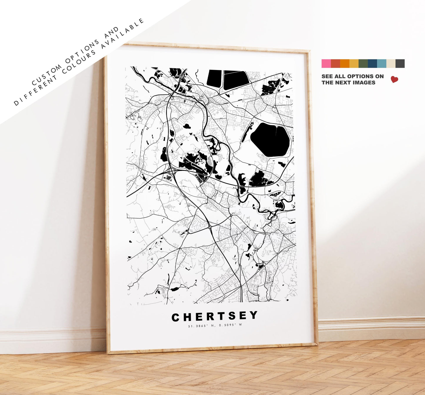 Chertsey Map Print - Minimalist City Map Poster - Map Art - UK - Chertsey Print - Chertsey, Surrey - Different Colours Available