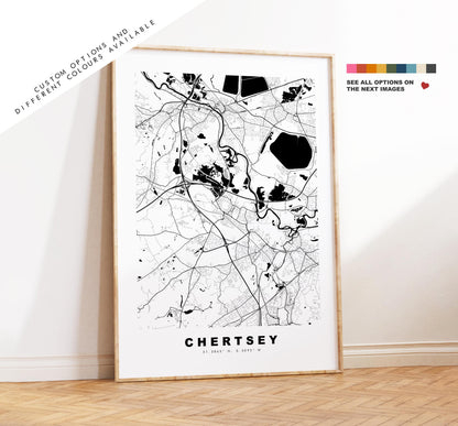 Chertsey Map Print - Minimalist City Map Poster - Map Art - UK - Chertsey Print - Chertsey, Surrey - Different Colours Available