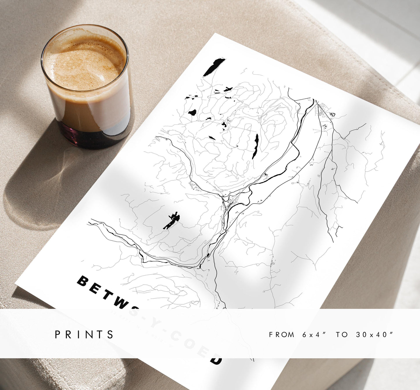 Betws-y-Coed Map Print - Minimalist City Map Poster - Map Art - Wales - UK - Betws-y-Coed Print - Poster - Different Colours Available