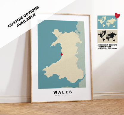 Wales Map Print - Personalised Map Gift - Framed or Canvas Options Available - Custom Text Options - Personalised Gift - UK and Counties