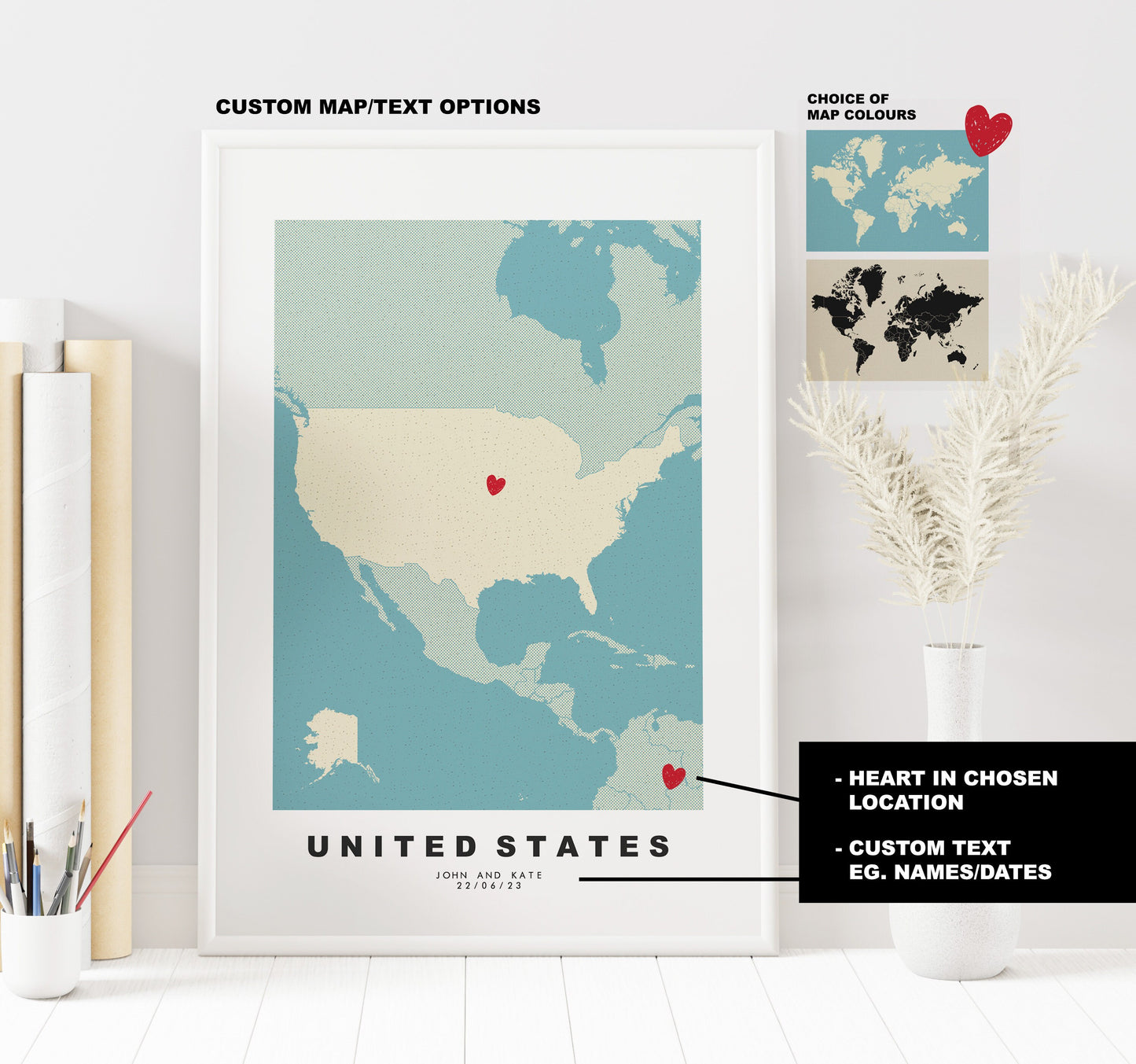 USA Map Print - Personalised Map Gift - Framed or Canvas Options Available - Custom Text Options - Personalised Gift - North America - US States & Islands