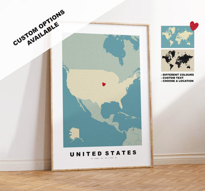 USA Map Print - Personalised Map Gift - Framed or Canvas Options Available - Custom Text Options - Personalised Gift - North America - US States & Islands