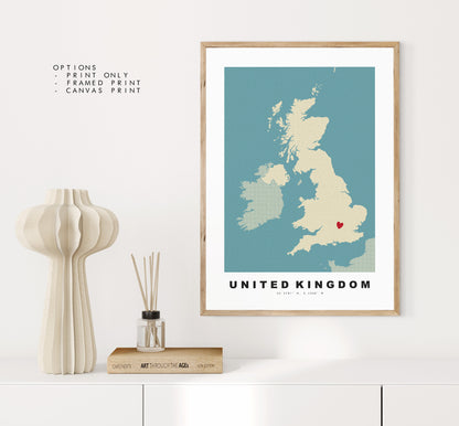 UK Map Print - Personalised Map Gift - Framed or Canvas Options Available - Custom Text Options - Personalised Gift - UK and Counties