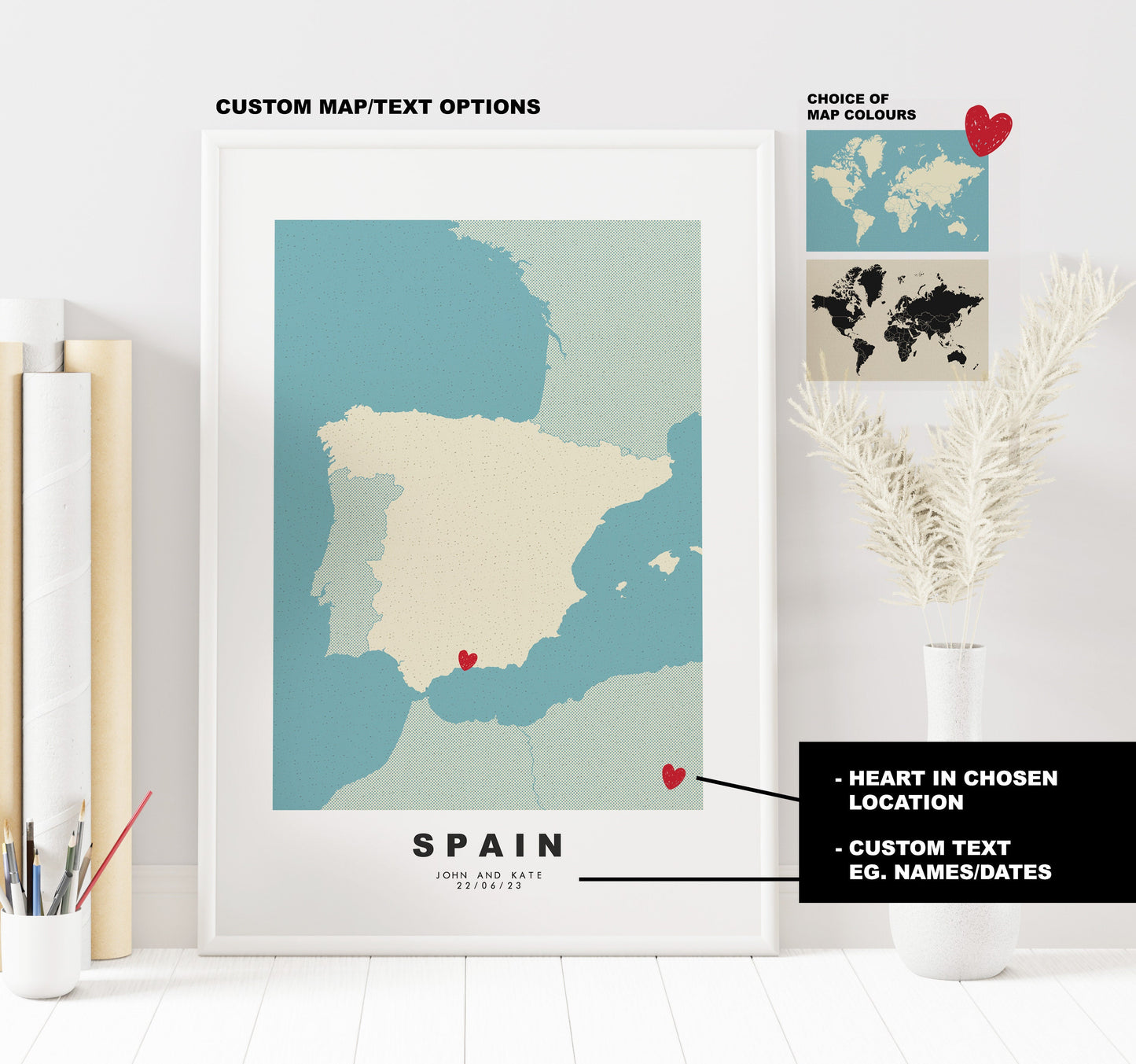 Spain Map Print - Personalised Map Gift - Framed or Canvas Options Available - Custom Text Options - Personalised Gift - Europe - Spain & Islands