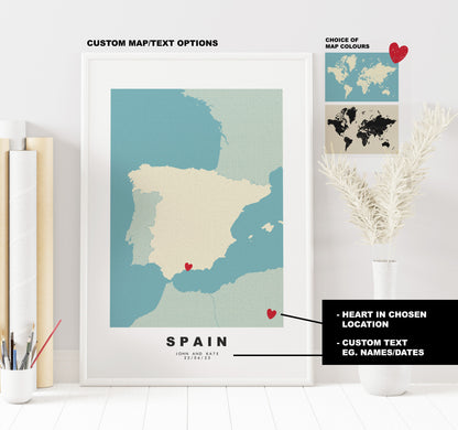 Spain Map Print - Personalised Map Gift - Framed or Canvas Options Available - Custom Text Options - Personalised Gift - Europe - Spain & Islands