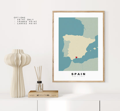 Spain Map Print - Personalised Map Gift - Framed or Canvas Options Available - Custom Text Options - Personalised Gift - Europe - Spain & Islands