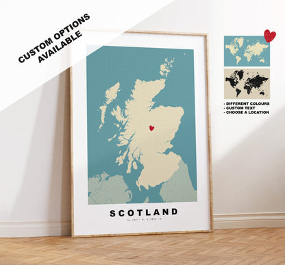 Scotland Map Print - Personalised Map Gift - Framed or Canvas Options Available - Custom Text Options - Personalised Gift - UK and Counties