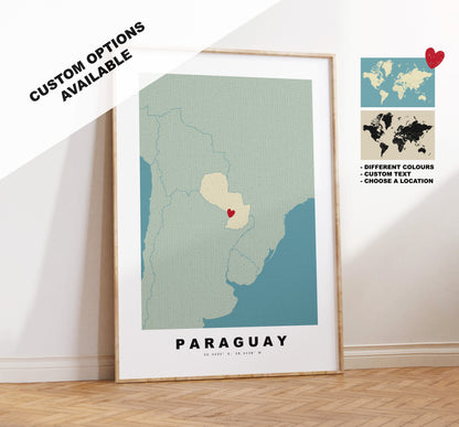 Paraguay Map Print - Personalised Map Gift - Framed or Canvas Options Available - Custom Text Options - Personalised Gift - South America