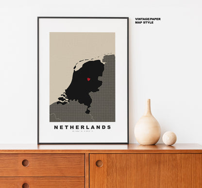 Netherlands Map Print - Personalised Map Gift - Framed or Canvas Options Available - Custom Text Options - Personalised Gift - Europe