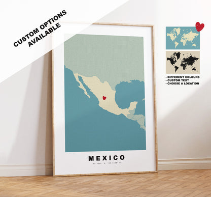 Mexico Map Print - Personalised Map Gift - Framed or Canvas Options Available - Custom Text Options - Personalised Gift - North America