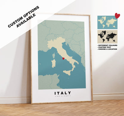 Italy Map Print - Personalised Map Gift - Framed or Canvas Options Available - Custom Text Options - Personalised Gift - Europe - Italy & Islands