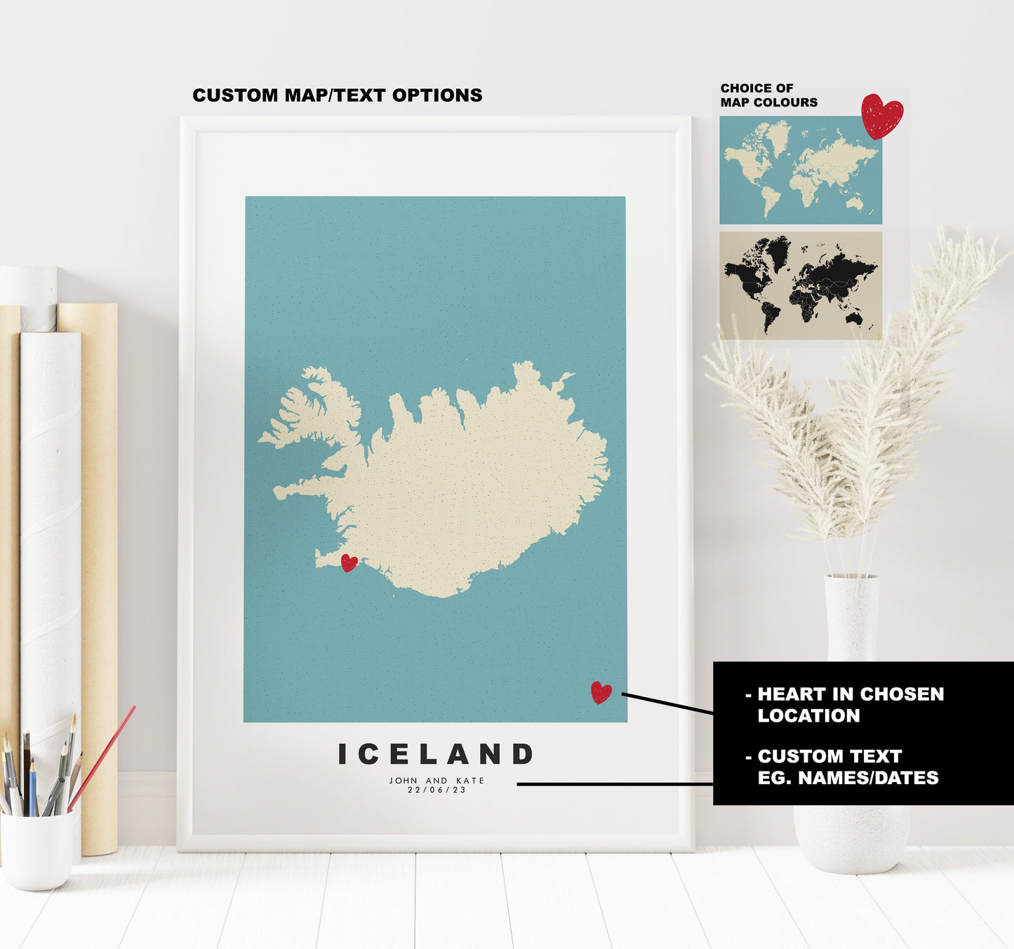 Iceland Map Print - Personalised Map Gift - Framed or Canvas Options Available - Custom Text Options - Personalised Gift - Europe