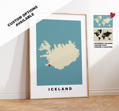 Iceland Map Print - Personalised Map Gift - Framed or Canvas Options Available - Custom Text Options - Personalised Gift - Europe