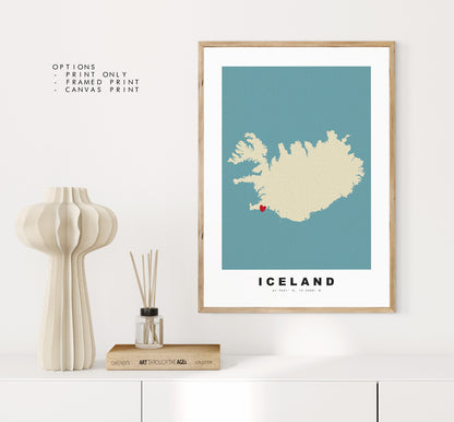 Iceland Map Print - Personalised Map Gift - Framed or Canvas Options Available - Custom Text Options - Personalised Gift - Europe