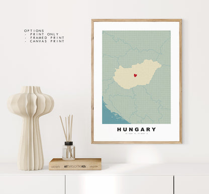 Hungary Map Print - Personalised Map Gift - Framed or Canvas Options Available - Custom Text Options - Personalised Gift - Europe