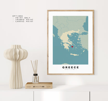 Greece Map Print - Personalised Map Gift - Framed or Canvas Options Available - Custom Text Options - Personalised Gift - Europe - Greece & Islands