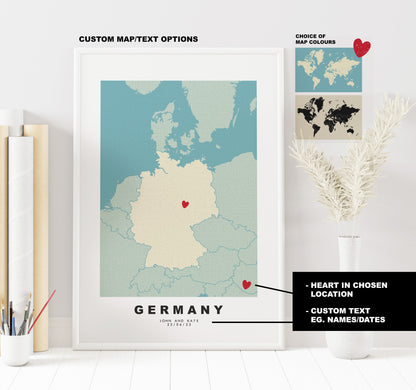 Germany Map Print - Personalised Map Gift - Framed or Canvas Options Available - Custom Text Options - Personalised Gift - Europe