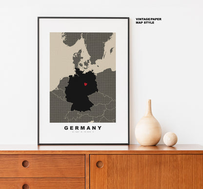 Germany Map Print - Personalised Map Gift - Framed or Canvas Options Available - Custom Text Options - Personalised Gift - Europe