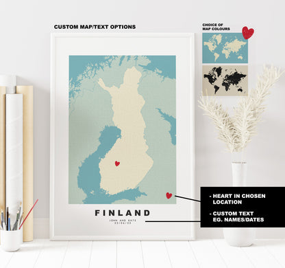 Finland Map Print - Personalised Map Gift - Framed or Canvas Options Available - Custom Text Options - Personalised Gift - Europe