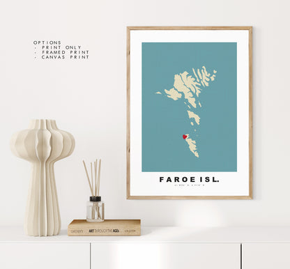 Faroe Islands Map Print - Personalised Map Gift - Framed or Canvas Options Available - Custom Text Options - Personalised Gift - Europe