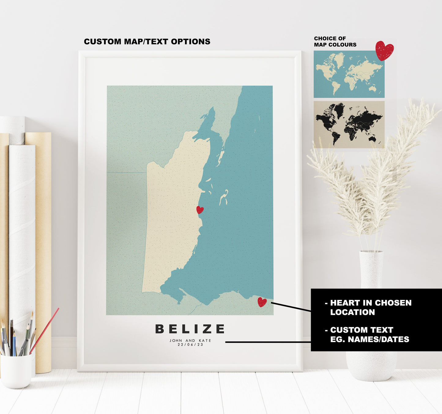 Belize Map Print - Personalised Map Gift - Framed or Canvas Options Available - Custom Text Options - Personalised Gift - South America