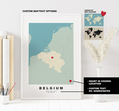 Belgium Map Print - Personalised Map Gift - Framed or Canvas Options Available - Custom Text Options - Personalised Gift - Europe