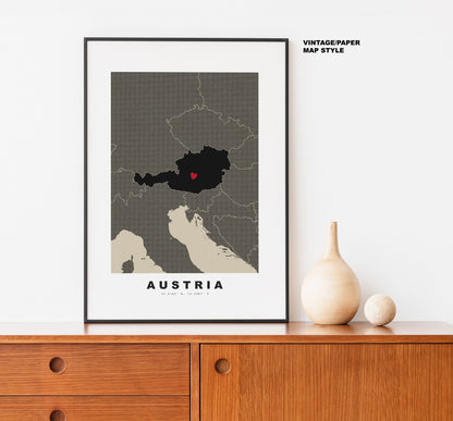 Austria Map Print - Personalised Map Gift - Framed or Canvas Options Available - Custom Text Options - Personalised Gift - Europe