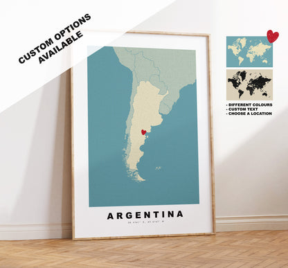 Argentina Map Print - Personalised Map Gift - Framed or Canvas Options Available - Custom Text Options - Personalised Gift - South America