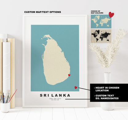 Sri Lanka Map Print - Personalised Map Gift - Framed or Canvas Options Available - Custom Text Options - Personalised Gift - Asia
