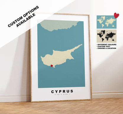 Cyprus Map Print - Personalised Map Gift - Framed or Canvas Options Available - Custom Text Options - Personalised Gift - Europe