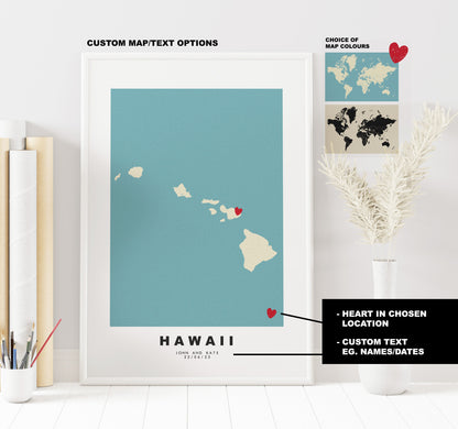 Hawaii Map Print - Personalised Map Gift - Framed or Canvas Options Available - Custom Text Options - Personalised Gift - US States & Islands