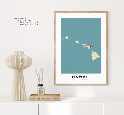 Hawaii Map Print - Personalised Map Gift - Framed or Canvas Options Available - Custom Text Options - Personalised Gift - US States & Islands