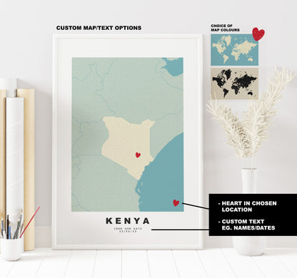 Kenya Map Print - Personalised Map Gift - Framed or Canvas Options Available - Custom Text Options - Personalised Gift - Africa