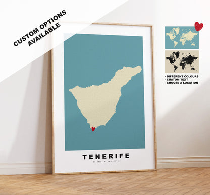 Tenerife Map Print - Personalised Map Gift - Framed or Canvas Options Available - Custom Text Options - Personalised Gift - Spain & Islands