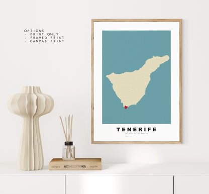 Tenerife Map Print - Personalised Map Gift - Framed or Canvas Options Available - Custom Text Options - Personalised Gift - Spain & Islands