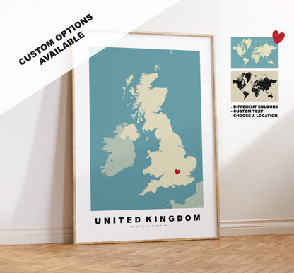 UK Map Print - Personalised Map Gift - Framed or Canvas Options Available - Custom Text Options - Personalised Gift - UK and Counties