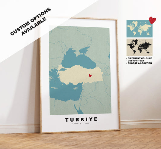 Turkey Map Print - Personalised Map Gift - Framed or Canvas Options Available - Custom Text Options - Personalised Gift - Europe