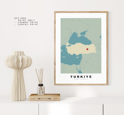 Turkey Map Print - Personalised Map Gift - Framed or Canvas Options Available - Custom Text Options - Personalised Gift - Europe