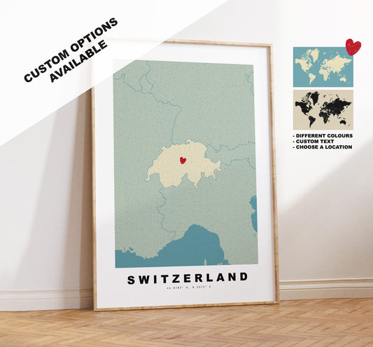 Switzerland Map Print - Personalised Map Gift - Framed or Canvas Options Available - Custom Text Options - Personalised Gift - Europe