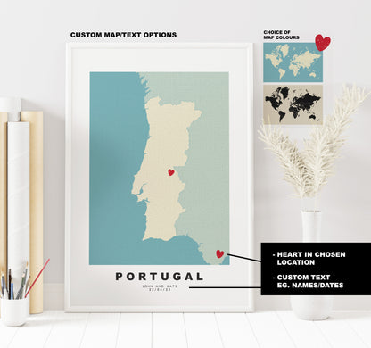 Portugal Map Print - Personalised Map Gift - Framed or Canvas Options Available - Custom Text Options - Personalised Gift - Europe - Portugal & Islands