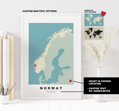 Norway Map Print - Personalised Map Gift - Framed or Canvas Options Available - Custom Text Options - Personalised Gift - Europe