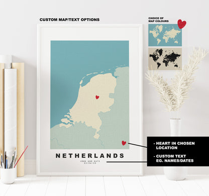 Netherlands Map Print - Personalised Map Gift - Framed or Canvas Options Available - Custom Text Options - Personalised Gift - Europe