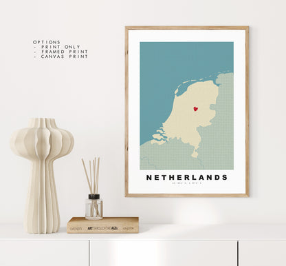 Netherlands Map Print - Personalised Map Gift - Framed or Canvas Options Available - Custom Text Options - Personalised Gift - Europe