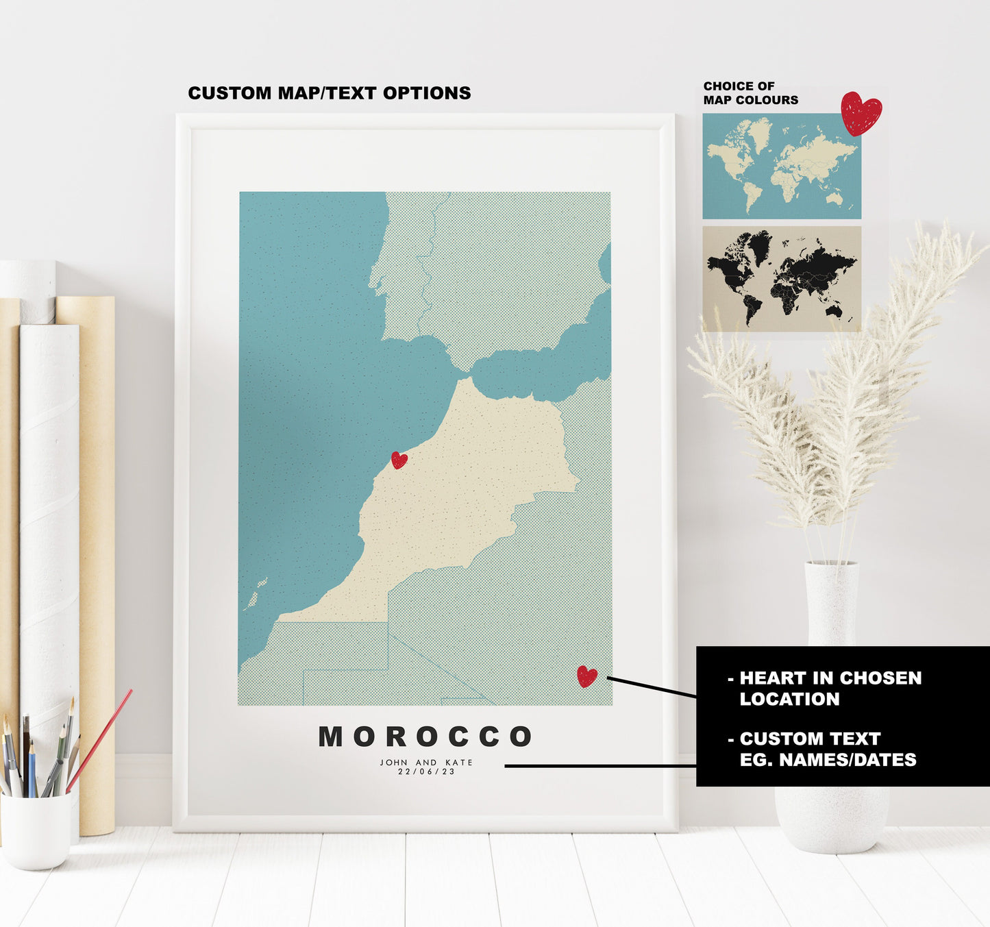 Morocco Map Print - Personalised Map Gift - Framed or Canvas Options Available - Custom Text Options - Personalised Gift - Africa