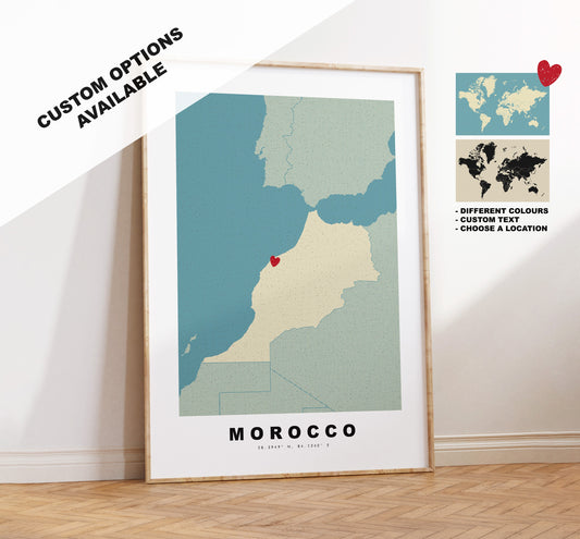 Morocco Map Print - Personalised Map Gift - Framed or Canvas Options Available - Custom Text Options - Personalised Gift - Africa